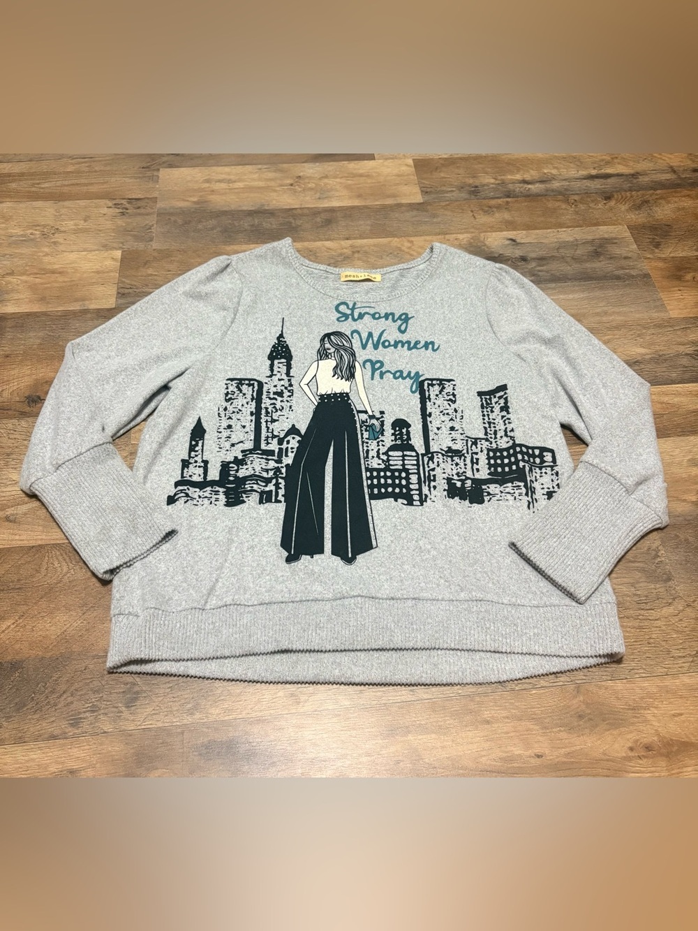 Mesh + Lace Strong Women Pray Gray Sweater Christian Lightweight Knit Top